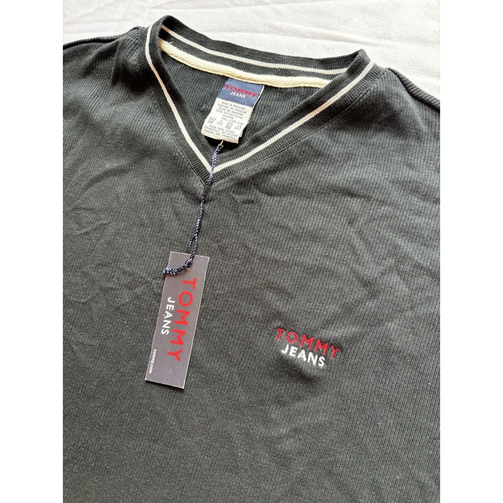 New! Vintage Tommy Jeans Black White V Neck Sweater Short Sleeve Shirt 2xl Xxl